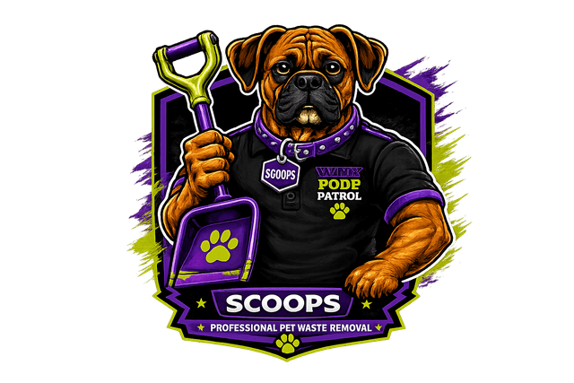 Scoops, the Boxer mascot of WNY Poop Patrol, holding a purple and green scooper.