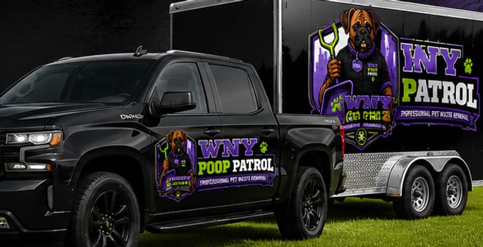 The WNY Poop Patrol truck and enclosed trailer, wrapped in purple and green with the Scoops logo.